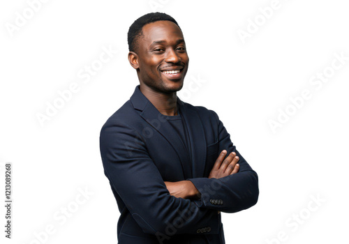 Wallpaper Mural A confident man with short black hair, wearing a navy blazer and a dark shirt, standing with arms crossed and smiling warmly isolated on transparent background Torontodigital.ca