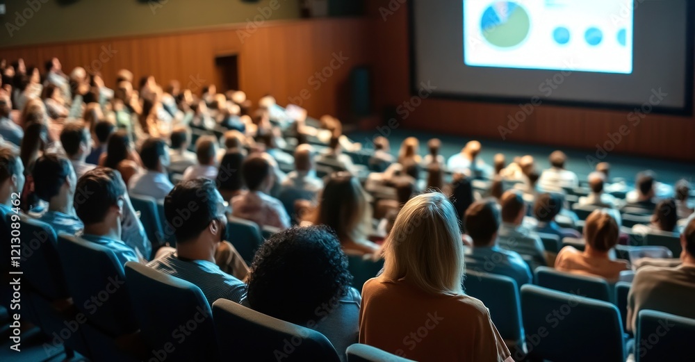 Naklejka premium Une présentation commerciale avec du public regardant sur un écran géant des graphiques et des diagrammes montrant des prévisions pour le développement d'un plan marketing.