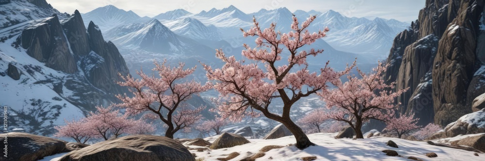 Almond blossoms against a rocky backdrop in a snowy landscape, pale color palette, peaceful almond blossom Almond blossoms against a rocky backdrop in a snowy landscape, pale color palette, peaceful almond blossom