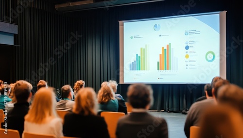 Une présentation commerciale d'une entreprise avec du personnel regardant sur un écran des graphiques et des diagrammes montrant des prévisions pour le développement d'un plan marketing.