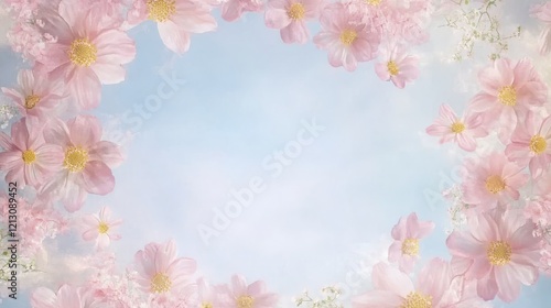 Spring comes alive with a beautiful mix of pink and white flowers on a blue background