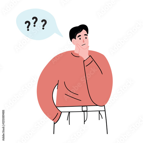 The guy thinks, reflects. A man brainstorms and solves a problem. Vector flat graphics.