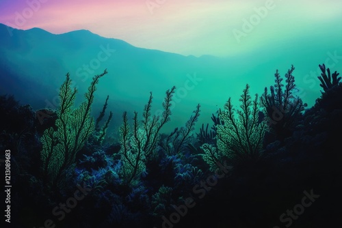 Fototapeta Naklejka Na Ścianę i Meble -  Silhouetted coral reef against a hazy mountain backdrop at sunset, vibrant colors.