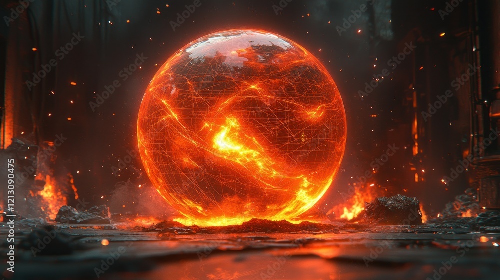 Obraz premium Burning Earth in fiery industrial ruins, sparks flying.