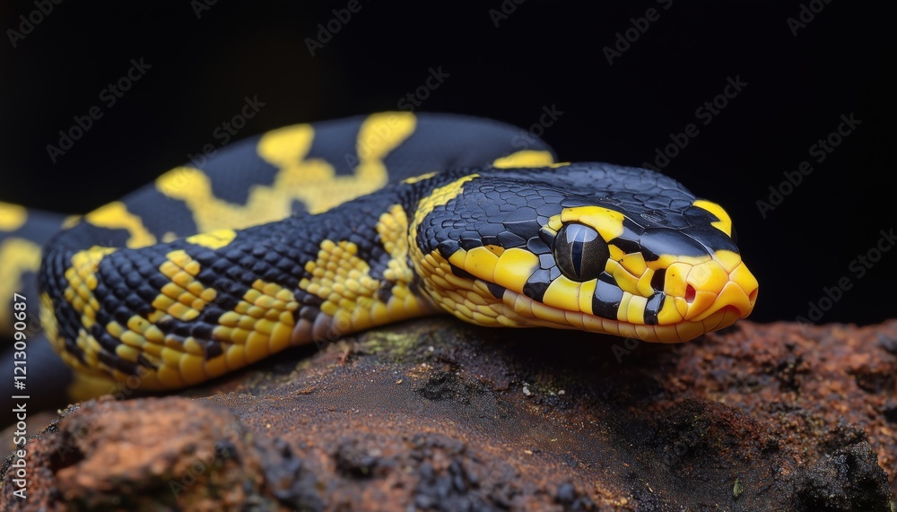 Close-Up Of Boiga Snake Dendrophila With Yellow Rings Showcasing Animal Attack In Title Case, With Head Of Boiga Dendrophila Highlighted. Close-Up Of Boiga Snake Dendrophila With Yellow Rings Showcasing Animal Attack In Title Case, With Head Of Boiga Dendrophila Highlighted.