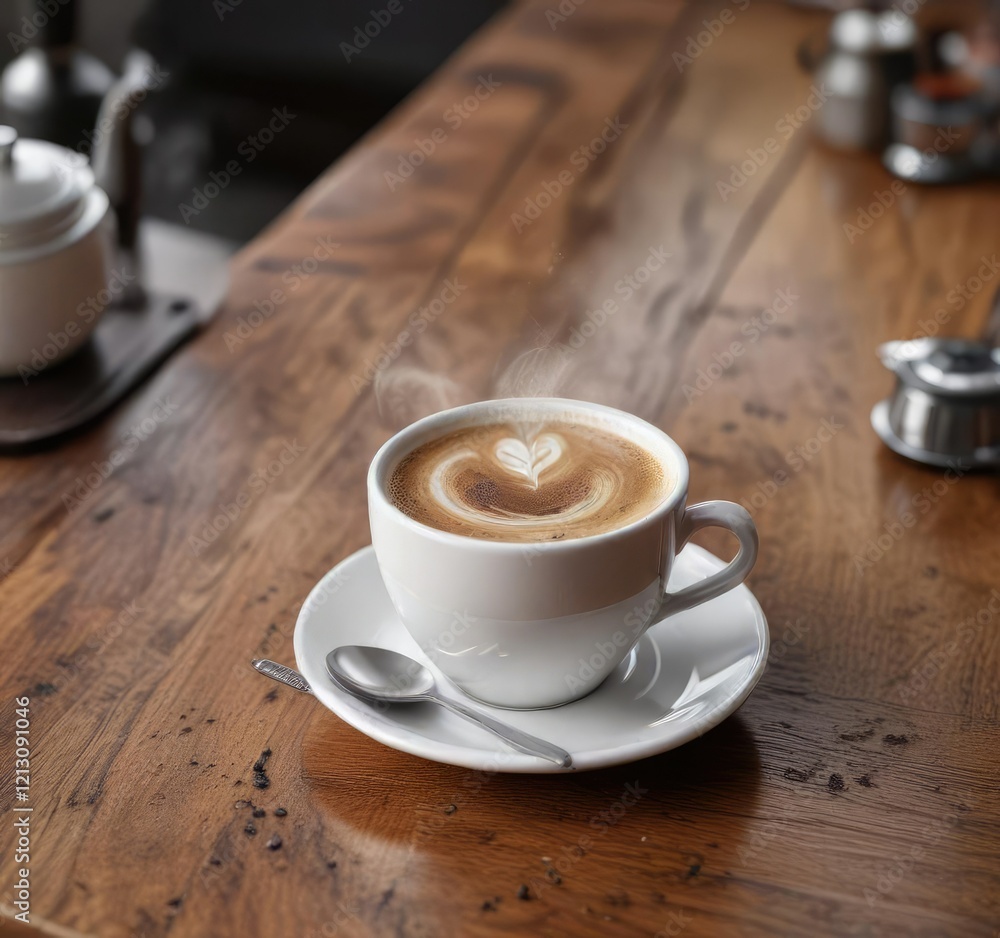 A steaming cup of coffee on a wooden countertop with a small saucer, coffee, steam, cup A steaming cup of coffee on a wooden countertop with a small saucer, coffee, steam, cup