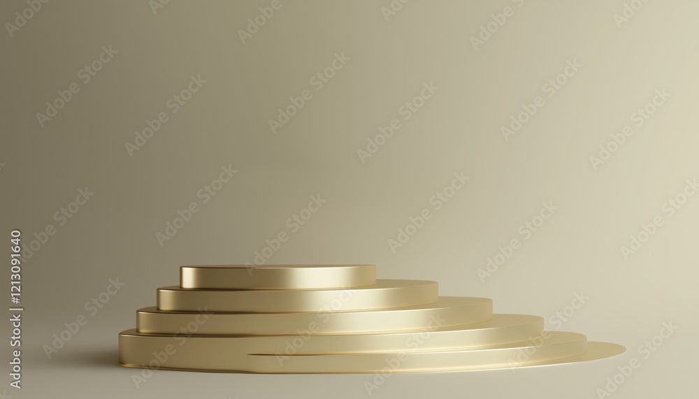 Obraz premium Gold Product With Geometric Shapes And Pedestal Empty On Five Floors: Circle Wall Shape, Gradient From Small To Large, Platform Composition For Presentation Render.