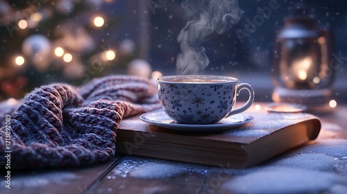 A steaming tea cup surrounded by snow-covered books and a cozy knit scarf on a rustic table. photo