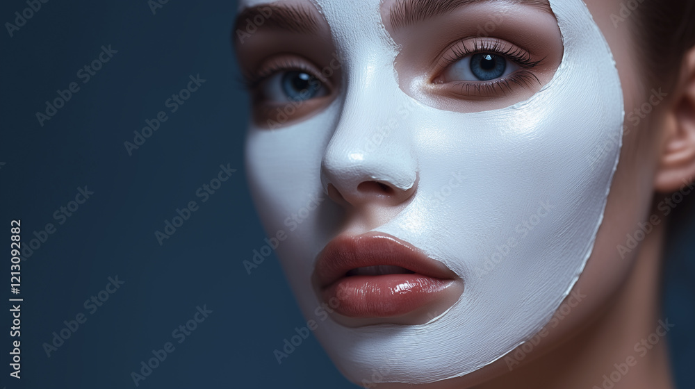 Woman with on her face. Face, , blue, background girl, cosmetics, white, mask. Girl with a white mask and cosmetics. A girl with a blue and white mask with blue and white cosmetics on face. Lifestyle.