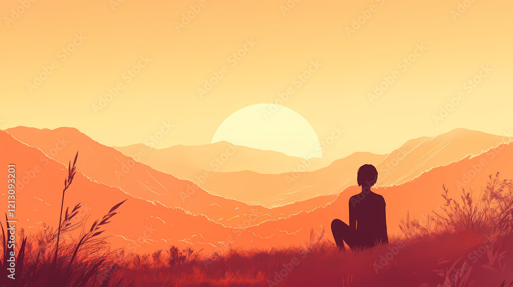 Fototapeta premium A serene image of a person sitting quietly on a hill overlooking a valley at dusk. Serene Valley. Illustration