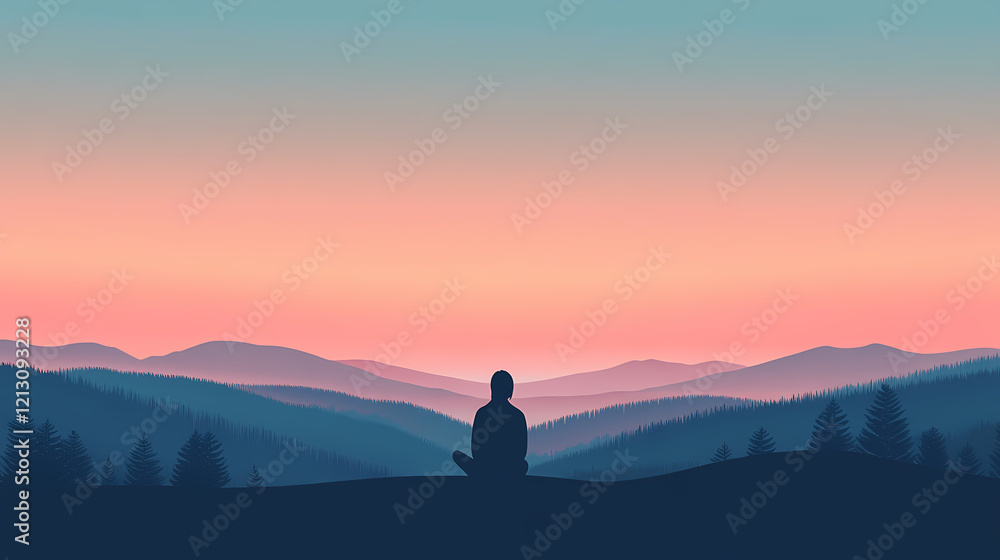 A serene image of a person sitting quietly on a hill overlooking a valley at dusk. Serene Valley. Illustration A serene image of a person sitting quietly on a hill overlooking a valley at dusk. Serene Valley. Illustration