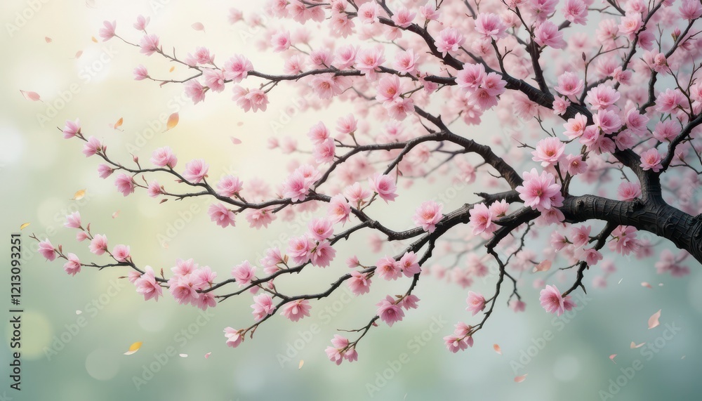 Springtime beauty unfolds as delicate pink cherry blossoms bloom on graceful branches against a vibrant sky Springtime beauty unfolds as delicate pink cherry blossoms bloom on graceful branches against a vibrant sky