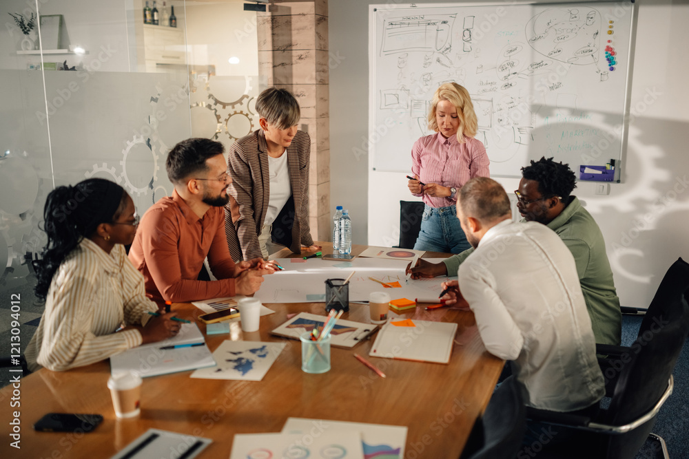 marketing-team-analyzing-diagrams-and-discussing-new-strategy-during-a