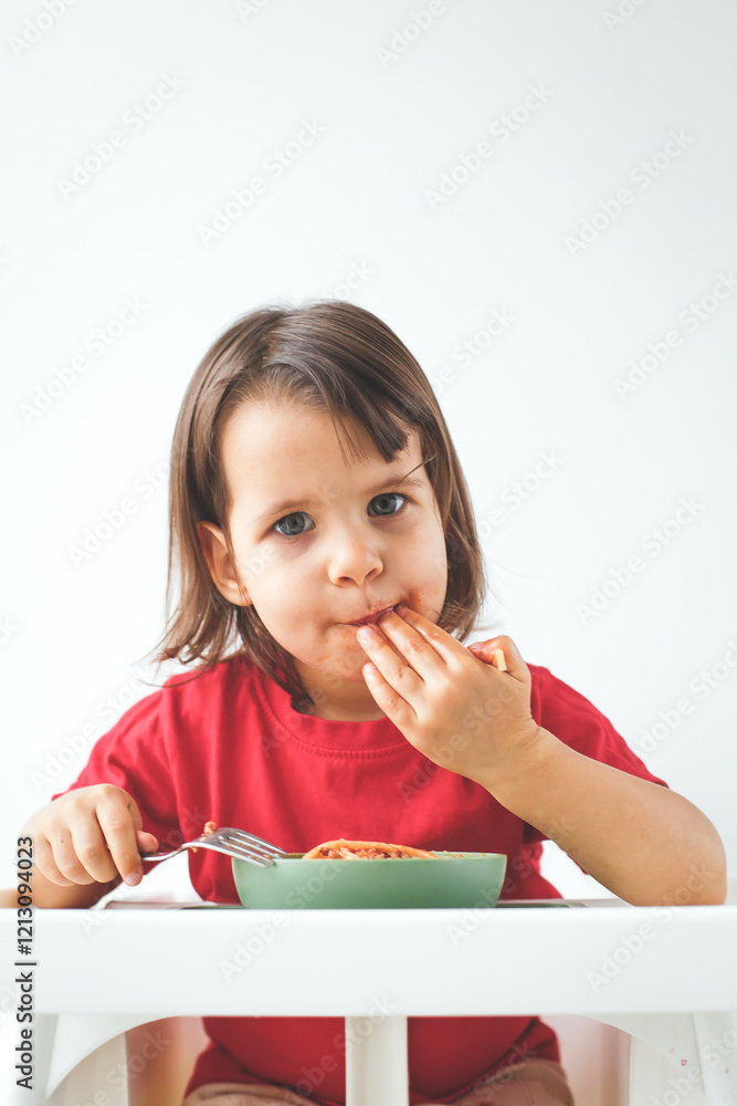 Little child eating spaghetti with hands and fork, wearing a red shirt, sitting at a highchair, enjoying a messy meal with a curious expression, white background, concept of childhood, vertical photo Little child eating spaghetti with hands and fork, wearing a red shirt, sitting at a highchair, enjoying a messy meal with a curious expression, white background, concept of childhood, vertical photo