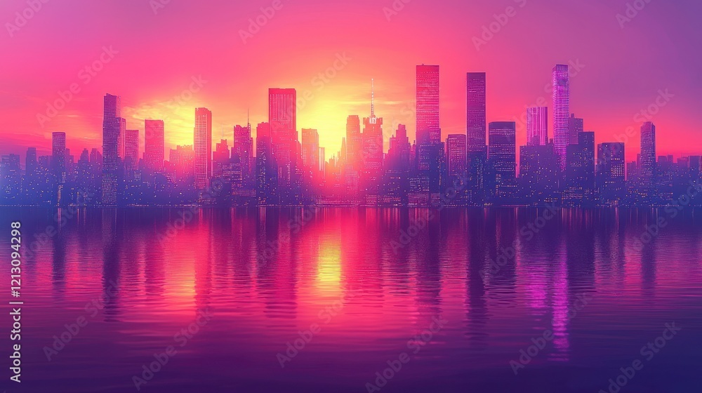 City skyline at vibrant sunset reflecting in water. City skyline at vibrant sunset reflecting in water.