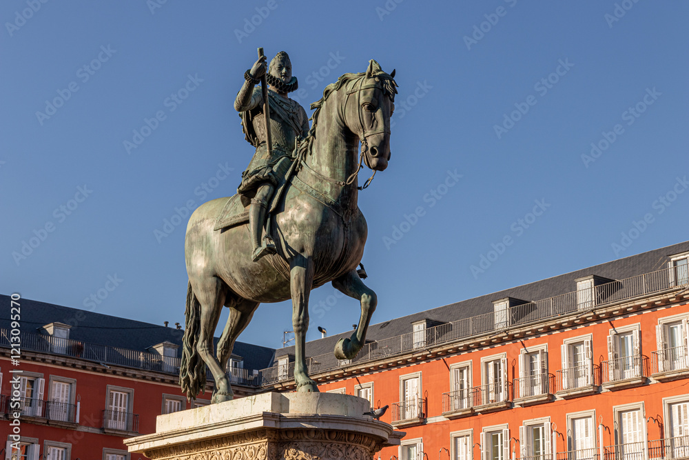 Madrid, Spain. Equestrian statue of Philip III in Plaza Mayor, a major landmark made by Giambologna and Pietro Tacca