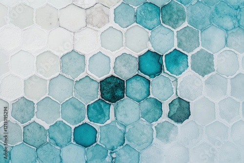 Hexagonal salt pans filled with varying shades of turquoise and white water, creating a mesmerizing abstract pattern. photo