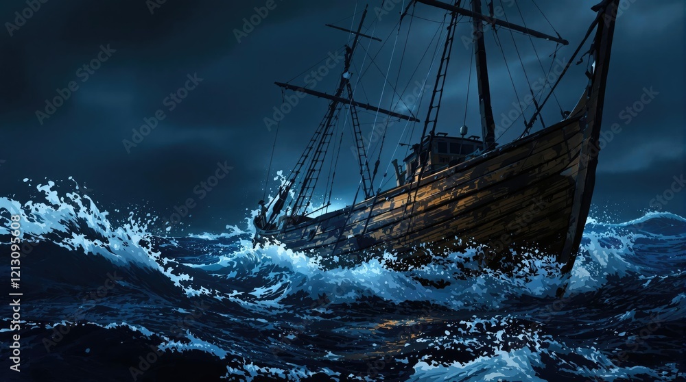 Fototapeta premium A vintage illustration of a fishing boat sailing through stormy weather, vintage fishing boat, nautical scene, waves crashing