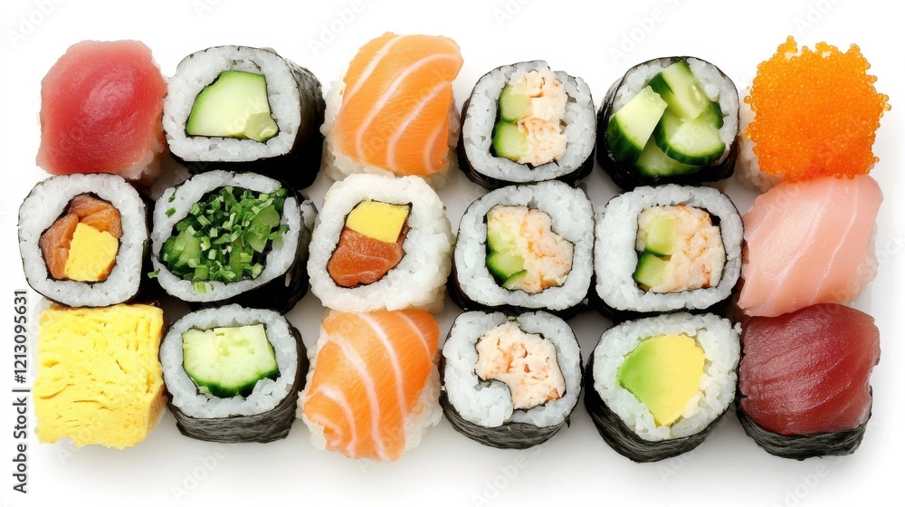 A platter of colorful sushi rolls with fresh fish, avocado, and crunchy vegetables A platter of colorful sushi rolls with fresh fish, avocado, and crunchy vegetables