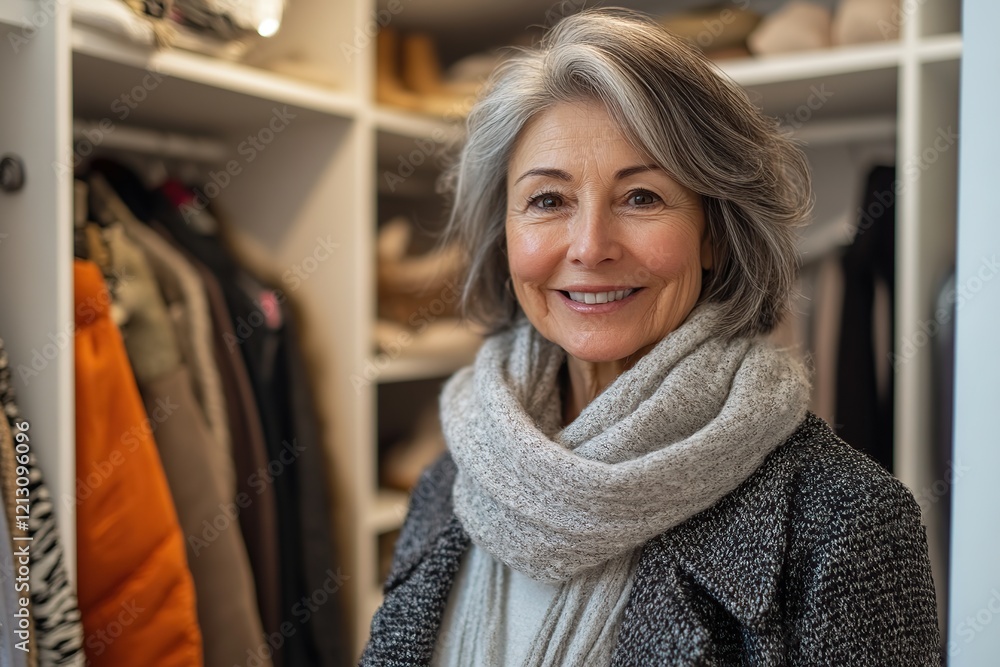 Mature woman in wardrobe room with clothes and accessories Mature woman in wardrobe room with clothes and accessories