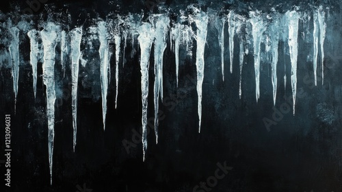 Icicles hanging, dark background, winter texture, frozen, cold