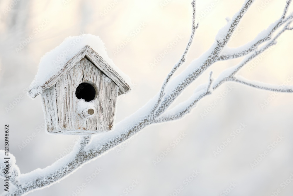 Snow-covered birdhouse on a frosty branch in a winter wonderland.