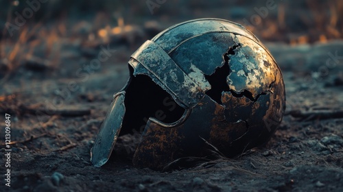 Wallpaper Mural A worn and damaged metal helmet lays discarded on a dark and gritty surface Torontodigital.ca