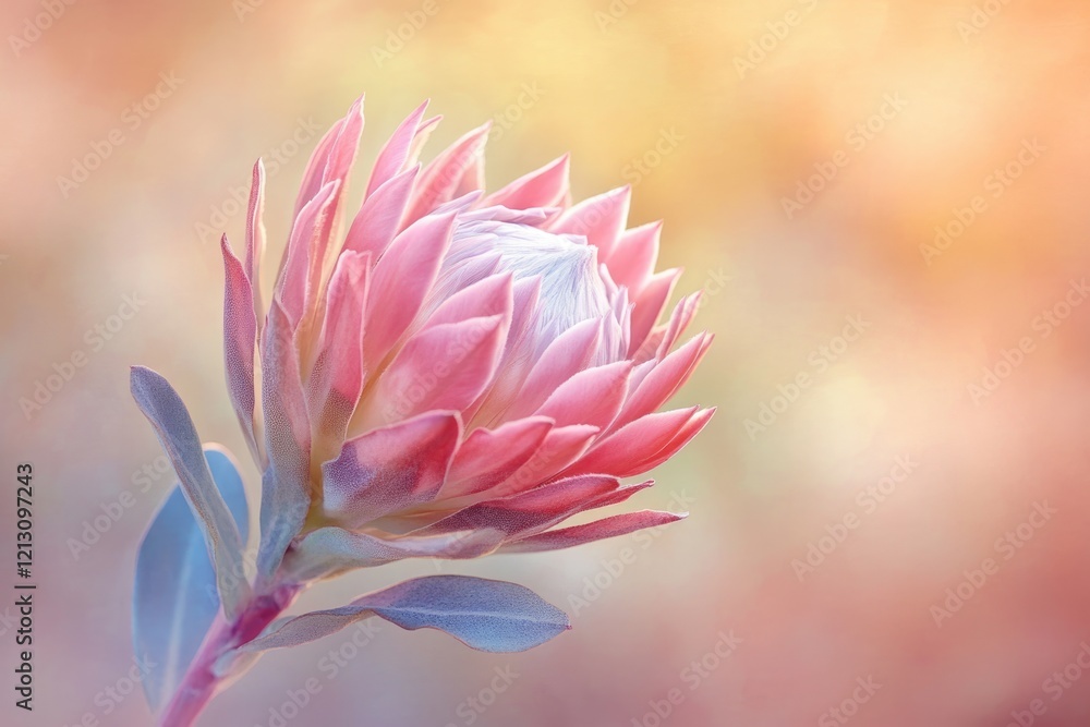 Fototapeta premium A delicate pink King Protea flower blooms, showcasing its vibrant petals against a soft, blurred background.