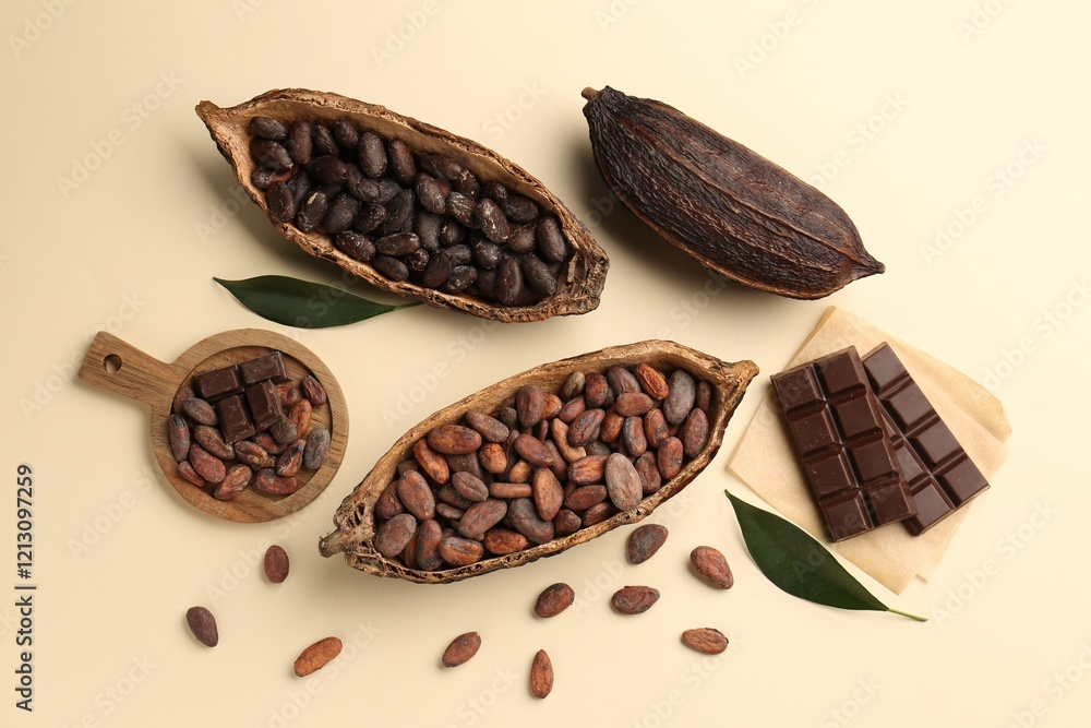 Cocoa pods with beans and chocolate on beige background, flat lay Cocoa pods with beans and chocolate on beige background, flat lay