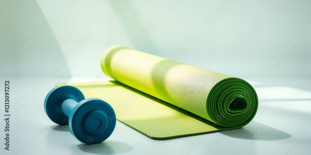 Green Yoga Mat and Dumbbell on Yellow Background Green Yoga Mat and Dumbbell on Yellow Background