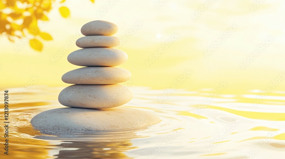Serene Stacked Stones on Calm Water at Sunset Serene Stacked Stones on Calm Water at Sunset