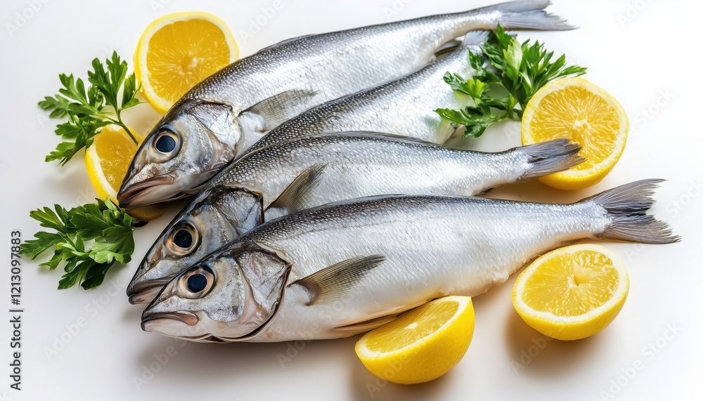 Top View Panoramic Image Of Fresh Fish And Seafood With Ample Copy Space, Promoting Healthy Eating Choices. Top View Panoramic Image Of Fresh Fish And Seafood With Ample Copy Space, Promoting Healthy Eating Choices.