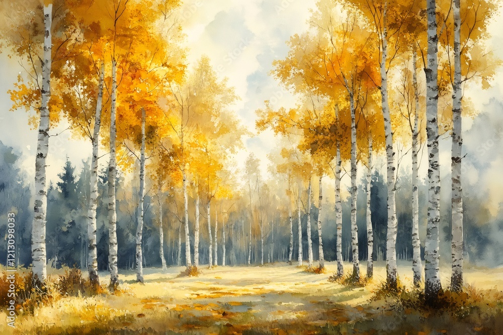 Fototapeta premium Golden autumn forest with bright yellow birch trees creating a tranquil path