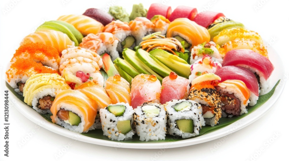 A platter of colorful sushi rolls with fresh fish, creamy avocado, and crunchy cucumber A platter of colorful sushi rolls with fresh fish, creamy avocado, and crunchy cucumber