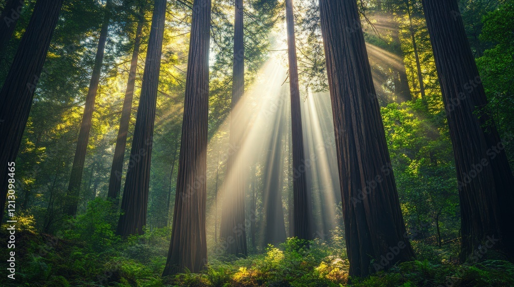 Fototapeta premium Sunlight filters through tall trees in a lush forest creating light rays