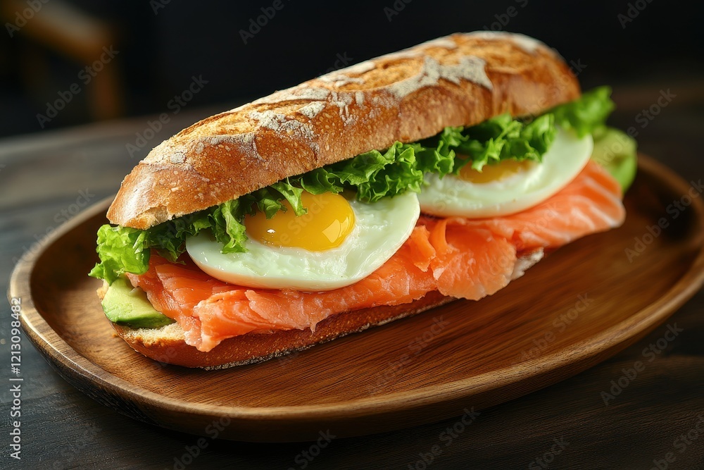 Cereal baguette sandwich with avocado salmon egg and lettuce on a wooden platter Dark Cereal baguette sandwich with avocado salmon egg and lettuce on a wooden platter Dark