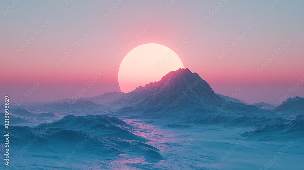 A distant view of a massive winter mountain with a glowing sunrise in the background. A distant view of a massive winter mountain with a glowing sunrise in the background.