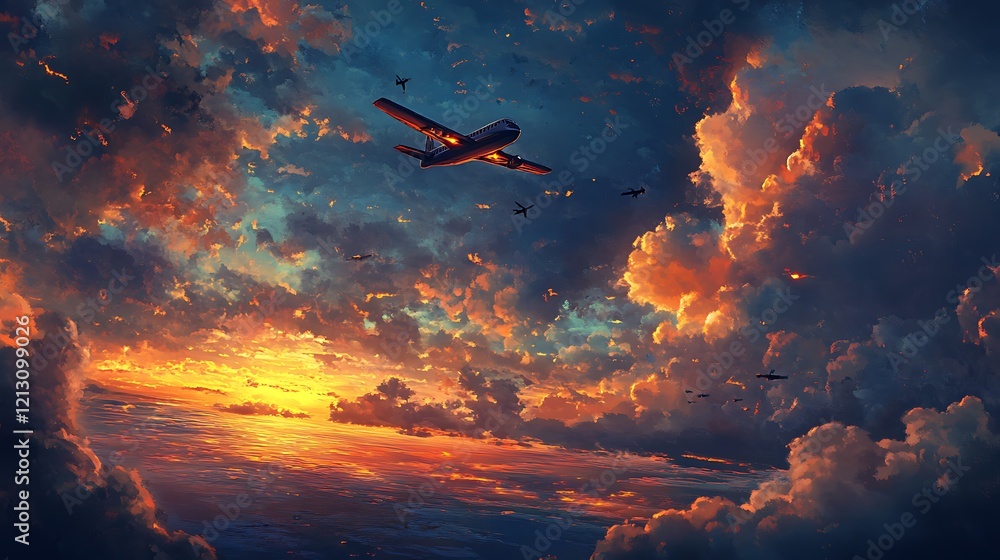 Naklejka premium Scenic evening sky with glowing clouds and an airplane in flight