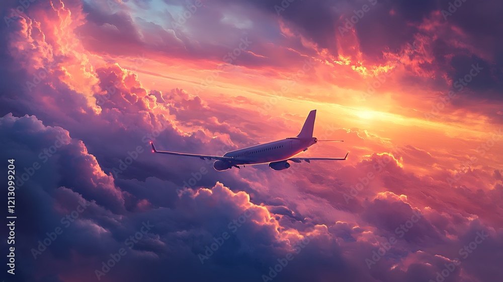 Scenic evening sky with glowing clouds and an airplane in flight
