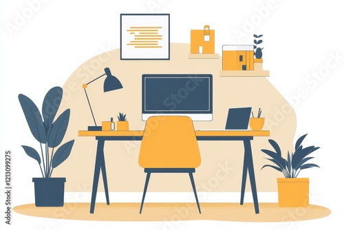 Chic home office with computer laptop and lamp against olive wall