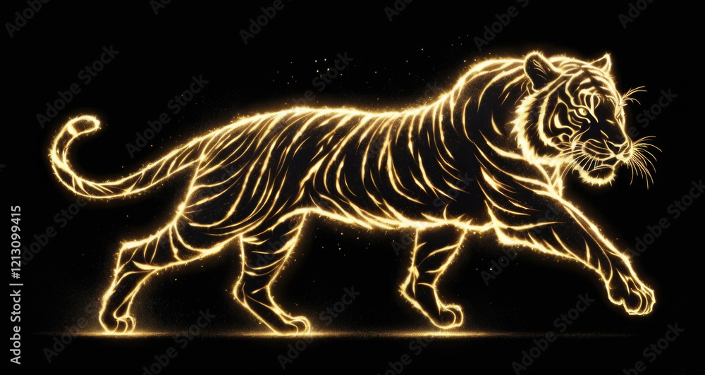 Glowing silhouette of walking tiger made of golden sparks on a black background, side view