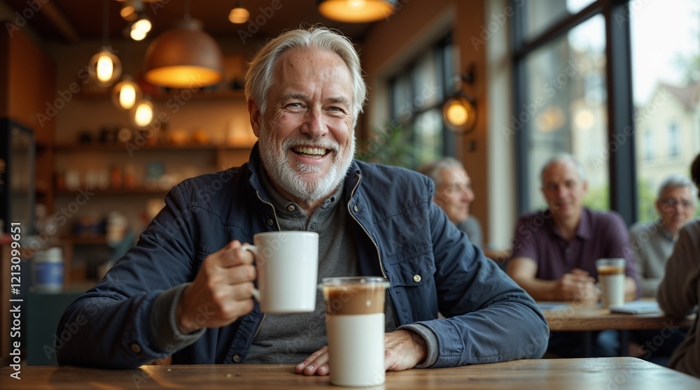 Happy Senior Man Having Coffee with Friends in a Cozy Café Happy Senior Man Having Coffee with Friends in a Cozy Café