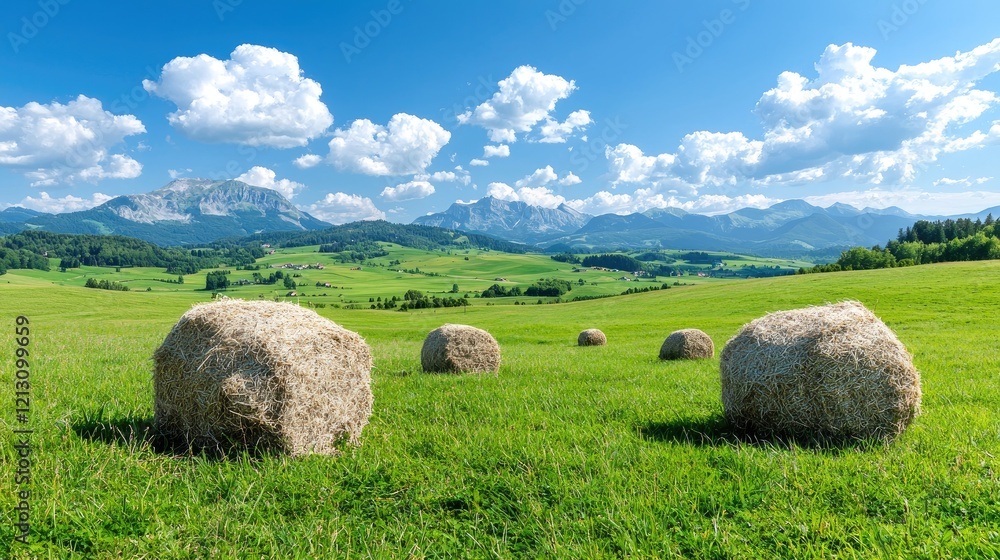 Hay bales in idyllic Alpine meadow, summer day Hay bales in idyllic Alpine meadow, summer day