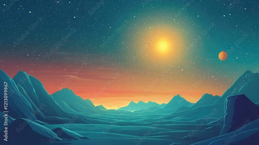 Obraz premium Alien Planet Mountain Range Sunset Starry Sky