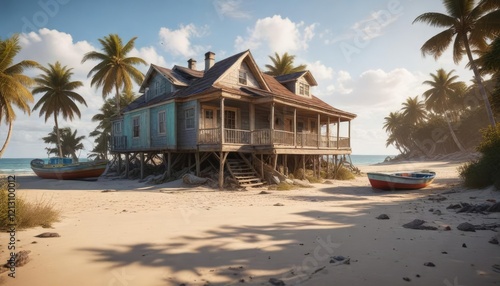 Abandoned beach house and boat house with sand and debris, sand covered, beach erosion, sea side neglect