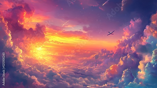 Fototapeta Naklejka Na Ścianę i Meble -  Glowing sunset horizon with an airplane soaring through colorful clouds