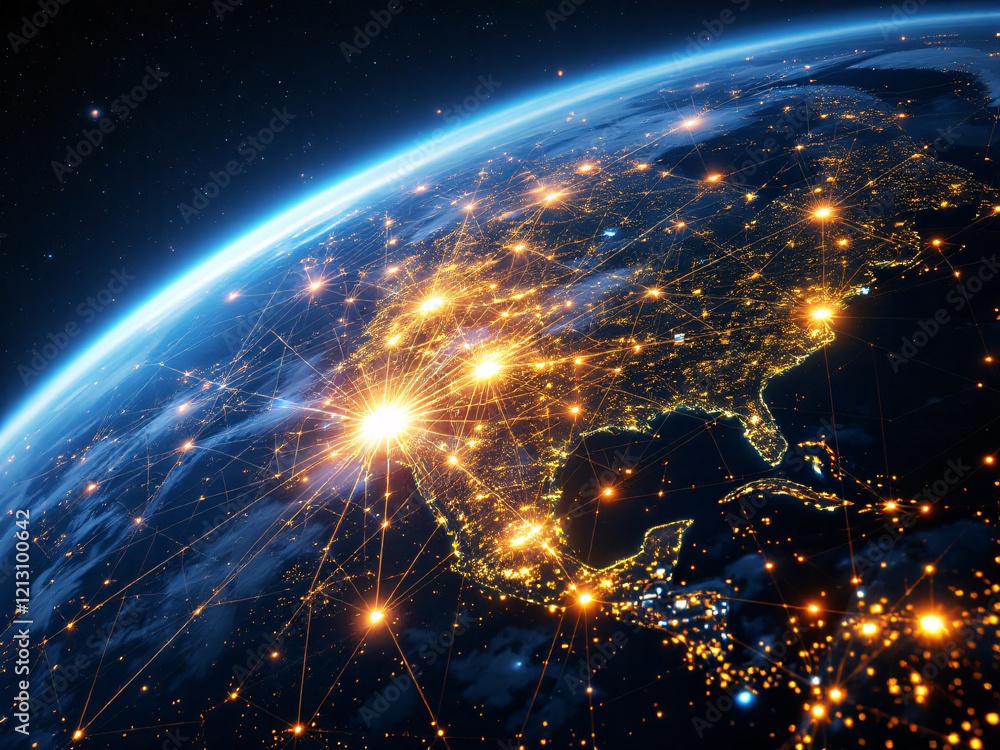Obraz premium From space beautiful sunrise with clouds and city lights on Earth