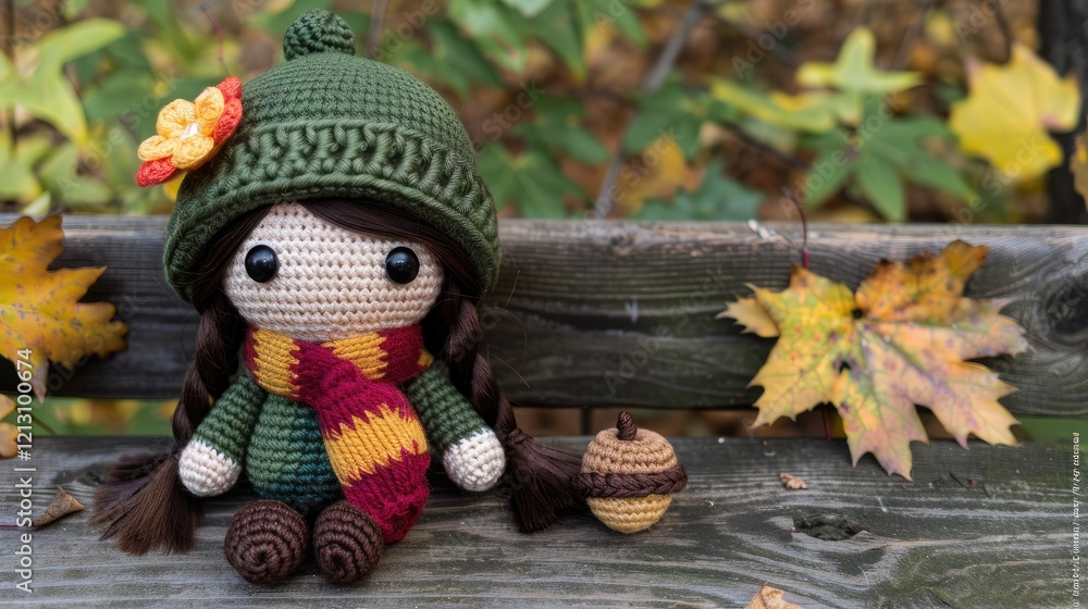 Fototapeta premium A cute autumn amigurumi girl wearing an olive green hat with a flower and leaves