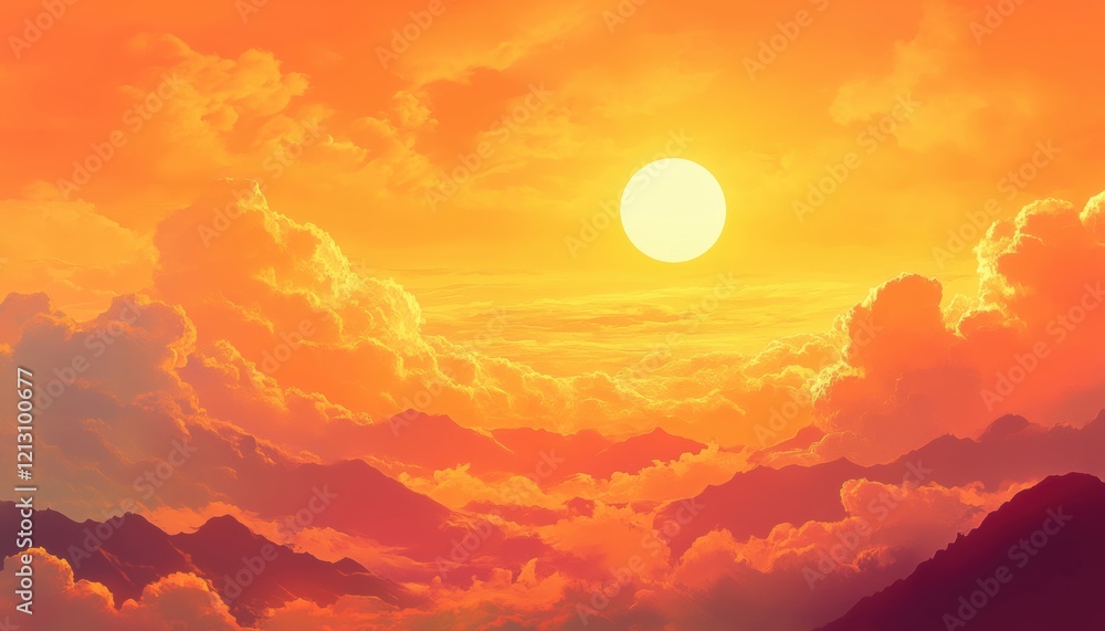 Fototapeta premium Sunny Summer Skies With An Orange Hue And Clouds In The Hot Weather - Energetic And Vibrant Atmosphere In The Air