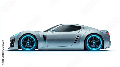 Futuristic silver sports car profile view, studio shot, isolated on white background